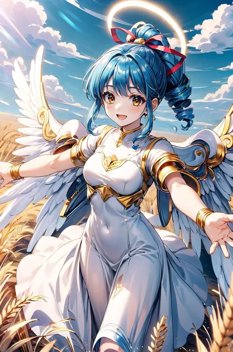 (masterpiece, best quality, detailed), 1girl, solo, ookubo_kumi, brown eyes, blue hair, drill hair, hair ribbon, ponytail, looking at viewer,
<lora:BlessedTech:1>, blessedtech, blessed, aura, medieval, angel, feathered wings, halo, white dress, outdoors, wheat, wheat field, sky, cloud, farm, spread arms, outstretched arms, smile, open mouth