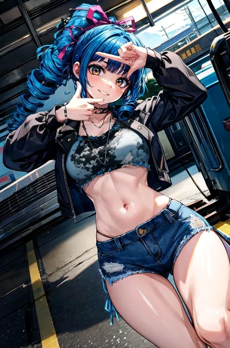 (masterpiece, best quality, detailed), 1girl, solo, ookubo_kumi, brown eyes, blue hair, drill hair, hair ribbon, ponytail, looking at viewer,
<lora:edgGrungeFreestyle:1>, (edgGrunge, wearing edgGrunge fashion:1.1), torn clothes, indoors, train station, people, scenery, dutch angle, <lora:finger_frame_final:1>, finger frame, smirk, smile, parted lips, v-shaped eyebrows