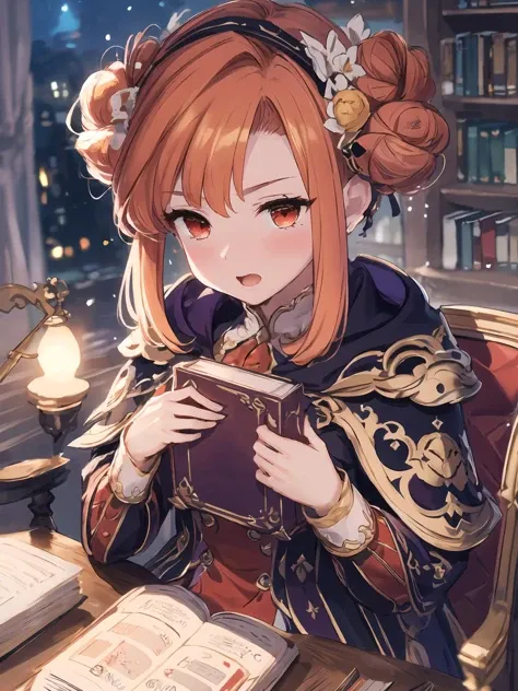 masterpiece,best quality,highres,cinematic lighting,dramatic angle,1girl,<lora:ShadowverseGingerV2-000030:0.8:lbw=jiangshi3>,straight-on,orange hair,hair bun,red eyes,hair ornament,red and purple dress,capelet,hugging book,looking at viewer,open mouth,embarrassed,shy,blush,thighhighs,close-up,;portrait,library,table,desk,chair,depth of field