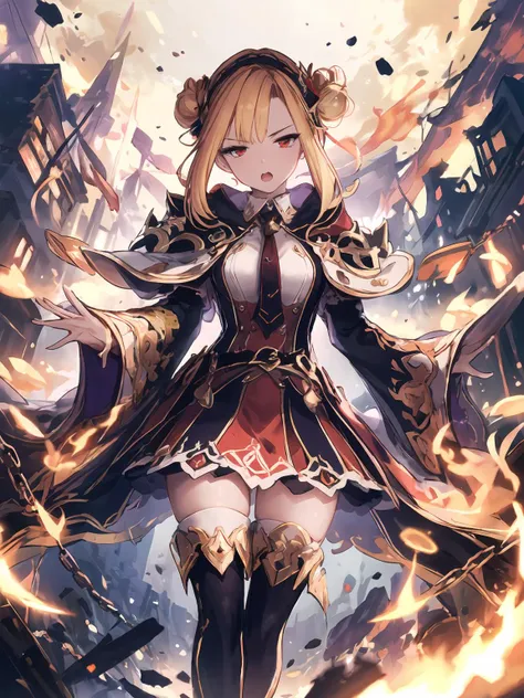 masterpiece,best quality,highres,cinematic lighting,dramatic angle,1girl,<lora:ShadowverseGingerV2-000030:0.8:lbw=jiangshi3>,blonde hair,hair bun,bangs,red eyes,purple and red dress,purple capelet,thigh boots,looking at viewer,white shirt,necktie,wide sleeves,expressionless,serious,open mouth,cursed words,floating runes,explosion,flames,chain,magic,outstretched hand, spread fingers