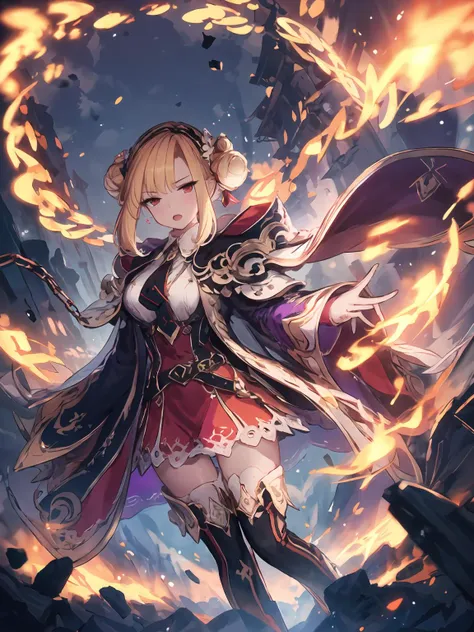 masterpiece,best quality,highres,cinematic lighting,dramatic angle,1girl,<lora:ShadowverseGingerV2-000030:0.8:lbw=jiangshi3>,blonde hair,hair bun,bangs,red eyes,purple and red dress,purple capelet,thigh boots,looking at viewer,white shirt,necktie,wide sleeves,expressionless,serious,open mouth,cursed words,floating runes,explosion,flames,chain,magic,outstretched hand, spread fingers