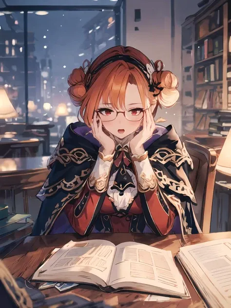 masterpiece,best quality,highres,cinematic lighting,dramatic angle,<lora:ShadowverseGingerV2-000030:0.8:lbw=jiangshi3>,orange hair,red eyes,hairbun,red and purple dress,frills,capelet,arm support,adjusting glasses,looking at viewer,glasses,books,library,sitting,desk,pov across table,chair,open mouth,embarrassed,shy,blush,depth of field,indoors