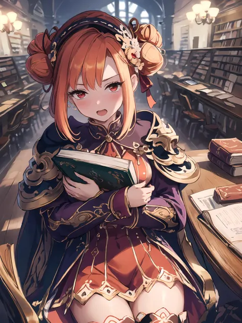 masterpiece,best quality,highres,cinematic lighting,dramatic angle,1girl,<lora:ShadowverseGingerV2-000030:0.8:lbw=jiangshi3>,straight-on,orange hair,hair bun,red eyes,hair ornament,red and purple dress,capelet,hugging book,looking at viewer,open mouth,embarrassed,shy,blush,thighhighs,close-up,;portrait,library,table,desk,chair,depth of field