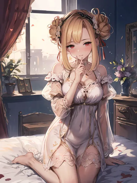 masterpiece,best quality,highres,cinematic lighting,dramatic angle,1girl,<lora:ShadowverseGingerV2-000030:0.8:lbw=jiangshi3>,blonde hair,hair bun,bangs,red eyes,nightgown,collarbone,see-through,lace trim,looking at viewer,blush,shy,embarrassed,smile,parted lips,head tilt,(shushing:1.3), hand on own mouth,indoors,bedroom,bed,(close-up,portrait:1.2),(facing viewer,straight-on:1.4),kneeling on bed