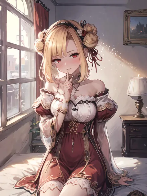 masterpiece,best quality,highres,cinematic lighting,dramatic angle,1girl,<lora:ShadowverseGingerV2-000030:0.8:lbw=jiangshi3>,blonde hair,hair bun,bangs,red eyes,nightgown,collarbone,see-through,lace trim,looking at viewer,blush,shy,embarrassed,smile,parted lips,head tilt,(shushing:1.3), hand on own mouth,indoors,bedroom,bed,(close-up,portrait:1.2),(facing viewer,straight-on:1.4),kneeling on bed