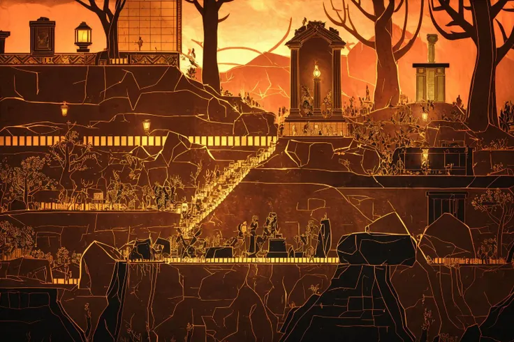 masterpiece, ultra-detailed, best quality, illustration, 8k cg wallpaper, an extremely delicate and beautiful, stunning landscape, graveyard, gravestones, dirt path, lanterns, candles, intricately detailed items in background, <lora:Apotheon:1>