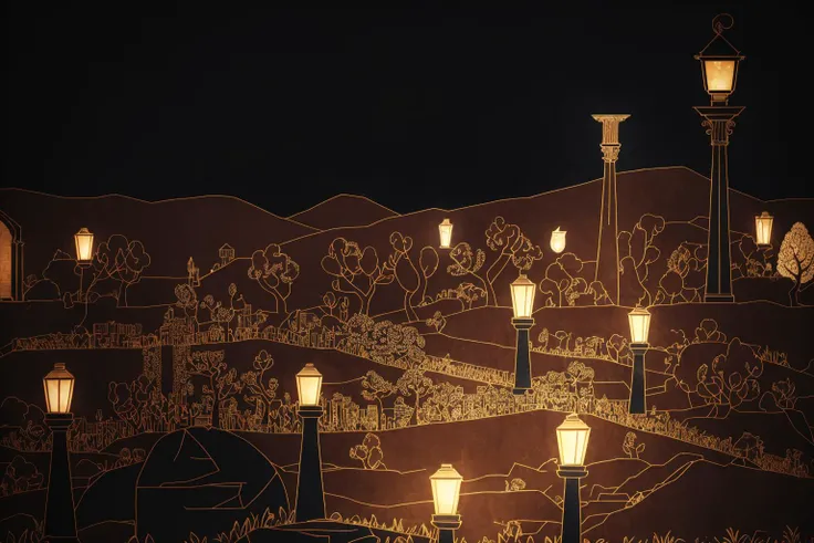 masterpiece, ultra-detailed, best quality, illustration, 8k cg wallpaper, an extremely delicate and beautiful, stunning landscape, graveyard, gravestones, dirt path, lanterns, candles, intricately detailed items in background, <lora:Apotheon:1>