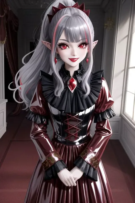 (half body, cowboy shot:1.2), professional image of a cute vampire girl, (1girl, dress, glossy latex dress, vampire brooch, vampire earrings, vampire accessories),
(vampire wings:1.1), (hair, ponytail, hair above cheeks, grey hair with red hairtips, gradient hair, multicolored hair:1.2), (red eyes, happy smile, innocent, cheerful:1.2), (pointy ears:1.3), (glossy red lipstick, eyeshadow, red mascara, long eyelashes:1.3), (shiny glossy translucent clothing, gleaming oily latex fabric:1.1),
(intricate mansion background, bright mansion, bright red furniture, bright red carpet:1.2), (sparkles, sparkling clothes, sparkling eyes:1.3),
(absurdres, incredibly absurdres, huge filesize, High quality texture, physically-based rendering, Ray tracing, octane render, sharp focus, (8k), (4k), (Masterpiece), (Best Quality), extremely detailed, intricate, hyper detailed, high resolution, sharp detail)