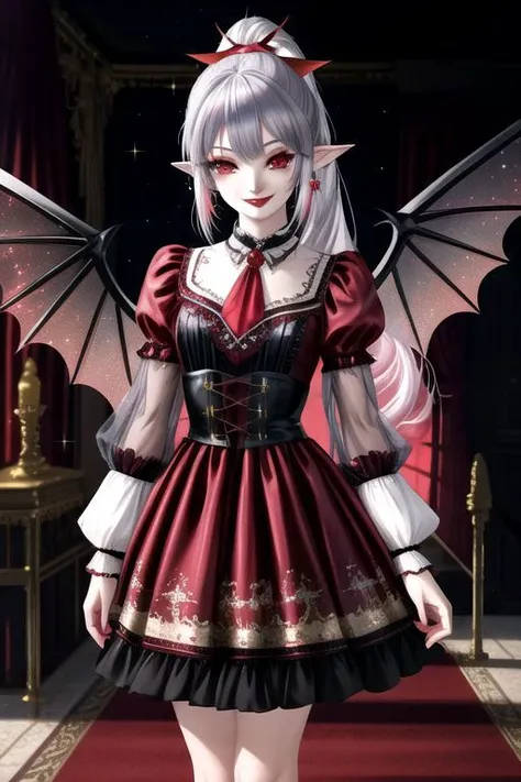 (half body, cowboy shot:1.2), professional image of a cute vampire girl, (1girl, dress, vampire brooch, vampire earrings, vampire accessories),
(vampire wings:1.1), (hair, ponytail, hair above cheeks, grey hair with red hairtips, gradient hair, multicolored hair:1.2), (red eyes, happy smile, innocent, cheerful:1.2), (pointy ears:1.3), (glossy red lipstick, eyeshadow, red mascara, long eyelashes:1.3), (shiny glossy translucent clothing, gleaming oily satin fabric:1.1),
(intricate mansion background, bright mansion, bright red furniture, bright red carpet:1.2), (sparkles, sparkling clothes, sparkling eyes:1.3),
(absurdres, incredibly absurdres, huge filesize, High quality texture, physically-based rendering, Ray tracing, octane render, sharp focus, (8k), (4k), (Masterpiece), (Best Quality), extremely detailed, intricate, hyper detailed, high resolution, sharp detail)