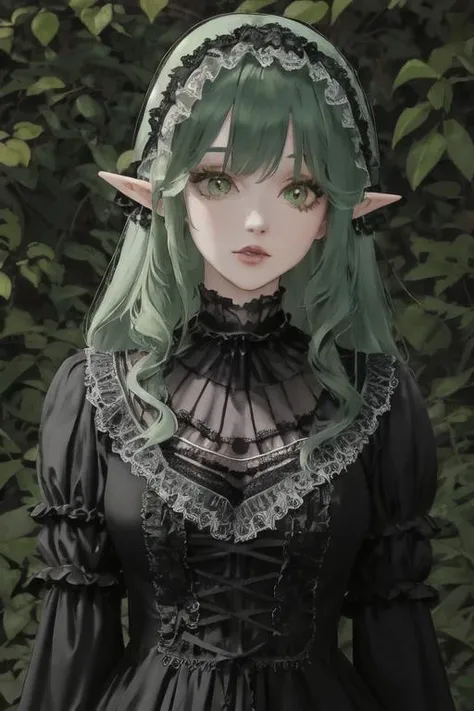 gothic elf, upper body, green hair, masterpiece, intricate details, forest, realism <lora:dressLo:0.7> dress, frills, layered