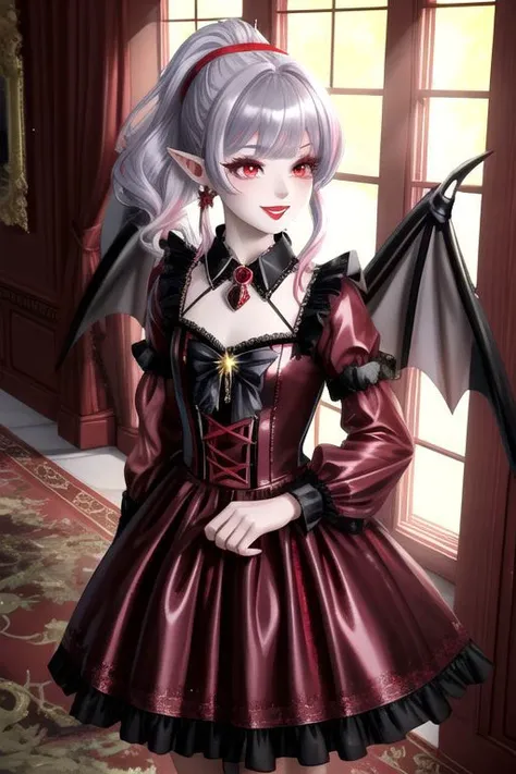 (half body, cowboy shot:1.2), professional image of a cute vampire girl, (frilly elegant satin vampire dress, vampire brooch, vampire earrings, vampire accessories), (1girl, dress),
(vampire wings:1.1), (hair, ponytail, hair above cheeks, grey hair with red hairtips, gradient hair, multicolored hair:1.2), (red eyes, happy smile, innocent, cheerful:1.2), (pointy ears:1.3), (glossy red lipstick, eyeshadow, red mascara, long eyelashes:1.3), (shiny glossy translucent clothing, gleaming oily satin fabric:1.1),
(intricate mansion background, bright mansion, bright red furniture, bright red carpet:1.2), (sparkles, sparkling clothes, sparkling eyes:1.3),
(absurdres, incredibly absurdres, huge filesize, High quality texture, physically-based rendering, Ray tracing, octane render, sharp focus, (8k), (4k), (Masterpiece), (Best Quality), extremely detailed, intricate, hyper detailed, high resolution, sharp detail)