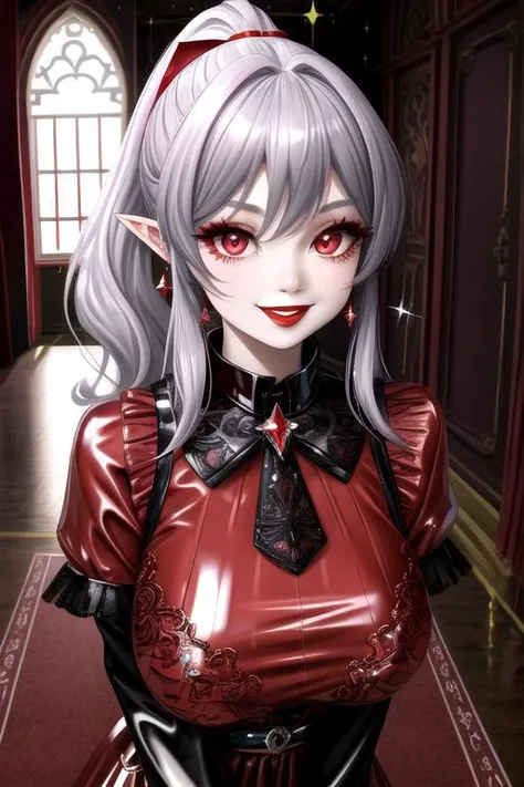 (half body, cowboy shot:1.2), professional image of a cute vampire girl, (1girl, dress, glossy latex dress, vampire brooch, vampire earrings, vampire accessories),
(vampire wings:1.1), (hair, ponytail, hair above cheeks, grey hair with red hairtips, gradient hair, multicolored hair:1.2), (red eyes, happy smile, innocent, cheerful:1.2), (pointy ears:1.3), (glossy red lipstick, eyeshadow, red mascara, long eyelashes:1.3), (shiny glossy translucent clothing, gleaming oily latex fabric:1.1),
(intricate mansion background, bright mansion, bright red furniture, bright red carpet:1.2), (sparkles, sparkling clothes, sparkling eyes:1.3),
(absurdres, incredibly absurdres, huge filesize, High quality texture, physically-based rendering, Ray tracing, octane render, sharp focus, (8k), (4k), (Masterpiece), (Best Quality), extremely detailed, intricate, hyper detailed, high resolution, sharp detail)