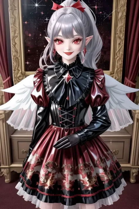 (half body, cowboy shot:1.2), professional image of a cute vampire girl, (1girl, dress, glossy latex dress, vampire brooch, vampire earrings, vampire accessories),
(vampire wings:1.1), (hair, ponytail, hair above cheeks, grey hair with red hairtips, gradient hair, multicolored hair:1.2), (red eyes, happy smile, innocent, cheerful:1.2), (pointy ears:1.3), (glossy red lipstick, eyeshadow, red mascara, long eyelashes:1.3), (shiny glossy translucent clothing, gleaming oily latex fabric:1.1),
(intricate mansion background, bright mansion, bright red furniture, bright red carpet:1.2), (sparkles, sparkling clothes, sparkling eyes:1.3),
(absurdres, incredibly absurdres, huge filesize, High quality texture, physically-based rendering, Ray tracing, octane render, sharp focus, (8k), (4k), (Masterpiece), (Best Quality), extremely detailed, intricate, hyper detailed, high resolution, sharp detail)