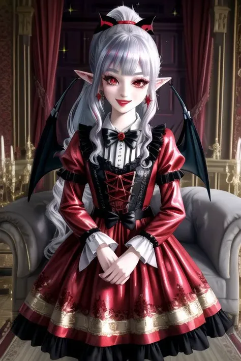 (half body, cowboy shot:1.2), professional image of a cute vampire girl, (frilly elegant satin vampire dress, vampire brooch, vampire earrings, vampire accessories), (1girl, dress),
(vampire wings:1.1), (hair, ponytail, hair above cheeks, grey hair with red hairtips, gradient hair, multicolored hair:1.2), (red eyes, happy smile, innocent, cheerful:1.2), (pointy ears:1.3), (glossy red lipstick, eyeshadow, red mascara, long eyelashes:1.3), (shiny glossy translucent clothing, gleaming oily satin fabric:1.1),
(intricate mansion background, bright mansion, bright red furniture, bright red carpet:1.2), (sparkles, sparkling clothes, sparkling eyes:1.3),
(absurdres, incredibly absurdres, huge filesize, High quality texture, physically-based rendering, Ray tracing, octane render, sharp focus, (8k), (4k), (Masterpiece), (Best Quality), extremely detailed, intricate, hyper detailed, high resolution, sharp detail)