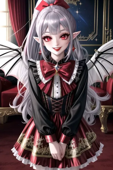 (half body, cowboy shot:1.2), professional image of a cute vampire girl, (1girl, dress, vampire brooch, vampire earrings, vampire accessories),
(vampire wings:1.1), (hair, ponytail, hair above cheeks, grey hair with red hairtips, gradient hair, multicolored hair:1.2), (red eyes, happy smile, innocent, cheerful:1.2), (pointy ears:1.3), (glossy red lipstick, eyeshadow, red mascara, long eyelashes:1.3), (shiny glossy translucent clothing, gleaming oily satin fabric:1.1),
(intricate mansion background, bright mansion, bright red furniture, bright red carpet:1.2), (sparkles, sparkling clothes, sparkling eyes:1.3),
(absurdres, incredibly absurdres, huge filesize, High quality texture, physically-based rendering, Ray tracing, octane render, sharp focus, (8k), (4k), (Masterpiece), (Best Quality), extremely detailed, intricate, hyper detailed, high resolution, sharp detail)