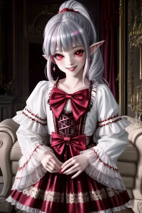 (half body, cowboy shot:1.2), professional image of a cute vampire girl, (frilly elegant satin vampire dress, vampire brooch, vampire earrings, vampire accessories), (1girl, dress),
(vampire wings:1.1), (hair, ponytail, hair above cheeks, grey hair with red hairtips, gradient hair, multicolored hair:1.2), (red eyes, happy smile, innocent, cheerful:1.2), (pointy ears:1.3), (glossy red lipstick, eyeshadow, red mascara, long eyelashes:1.3), (shiny glossy translucent clothing, gleaming oily satin fabric:1.1),
(intricate mansion background, bright mansion, bright red furniture, bright red carpet:1.2), (sparkles, sparkling clothes, sparkling eyes:1.3),
(absurdres, incredibly absurdres, huge filesize, High quality texture, physically-based rendering, Ray tracing, octane render, sharp focus, (8k), (4k), (Masterpiece), (Best Quality), extremely detailed, intricate, hyper detailed, high resolution, sharp detail)