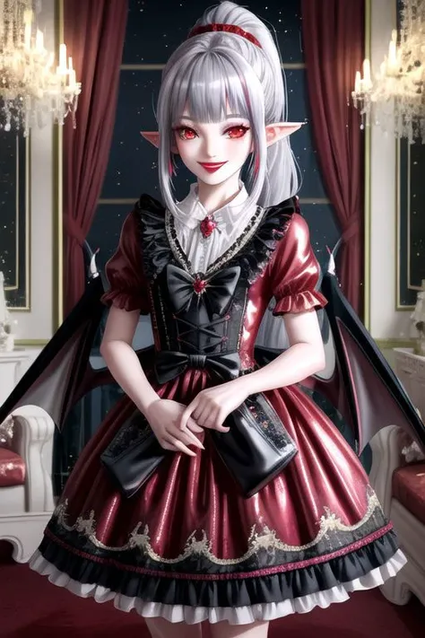 (half body, cowboy shot:1.2), professional image of a cute vampire girl, (frilly elegant satin vampire dress, vampire brooch, vampire earrings, vampire accessories), (1girl, dress),
(vampire wings:1.1), (hair, ponytail, hair above cheeks, grey hair with red hairtips, gradient hair, multicolored hair:1.2), (red eyes, happy smile, innocent, cheerful:1.2), (pointy ears:1.3), (glossy red lipstick, eyeshadow, red mascara, long eyelashes:1.3), (shiny glossy translucent clothing, gleaming oily satin fabric:1.1),
(intricate mansion background, bright mansion, bright red furniture, bright red carpet:1.2), (sparkles, sparkling clothes, sparkling eyes:1.3),
(absurdres, incredibly absurdres, huge filesize, High quality texture, physically-based rendering, Ray tracing, octane render, sharp focus, (8k), (4k), (Masterpiece), (Best Quality), extremely detailed, intricate, hyper detailed, high resolution, sharp detail)