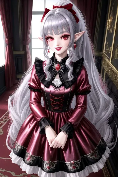 (half body, cowboy shot:1.2), professional image of a cute vampire girl, (frilly elegant satin vampire dress, vampire brooch, vampire earrings, vampire accessories), (1girl, dress),
(vampire wings:1.1), (hair, ponytail, hair above cheeks, grey hair with red hairtips, gradient hair, multicolored hair:1.2), (red eyes, happy smile, innocent, cheerful:1.2), (pointy ears:1.3), (glossy red lipstick, eyeshadow, red mascara, long eyelashes:1.3), (shiny glossy translucent clothing, gleaming oily satin fabric:1.1),
(intricate mansion background, bright mansion, bright red furniture, bright red carpet:1.2), (sparkles, sparkling clothes, sparkling eyes:1.3),
(absurdres, incredibly absurdres, huge filesize, High quality texture, physically-based rendering, Ray tracing, octane render, sharp focus, (8k), (4k), (Masterpiece), (Best Quality), extremely detailed, intricate, hyper detailed, high resolution, sharp detail)