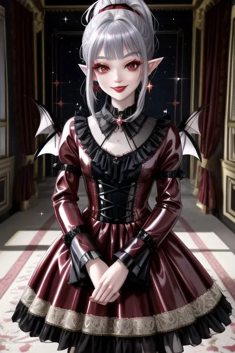 (half body, cowboy shot:1.2), professional image of a cute vampire girl, (1girl, dress, glossy latex dress, vampire brooch, vampire earrings, vampire accessories),
(vampire wings:1.1), (hair, ponytail, hair above cheeks, grey hair with red hairtips, gradient hair, multicolored hair:1.2), (red eyes, happy smile, innocent, cheerful:1.2), (pointy ears:1.3), (glossy red lipstick, eyeshadow, red mascara, long eyelashes:1.3), (shiny glossy translucent clothing, gleaming oily latex fabric:1.1),
(intricate mansion background, bright mansion, bright red furniture, bright red carpet:1.2), (sparkles, sparkling clothes, sparkling eyes:1.3),
(absurdres, incredibly absurdres, huge filesize, High quality texture, physically-based rendering, Ray tracing, octane render, sharp focus, (8k), (4k), (Masterpiece), (Best Quality), extremely detailed, intricate, hyper detailed, high resolution, sharp detail)