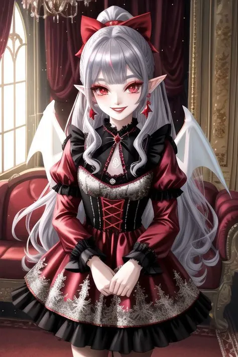 (half body, cowboy shot:1.2), professional image of a cute vampire girl, (frilly elegant satin vampire dress, vampire brooch, vampire earrings, vampire accessories), (1girl, dress),
(vampire wings:1.1), (hair, ponytail, hair above cheeks, grey hair with red hairtips, gradient hair, multicolored hair:1.2), (red eyes, happy smile, innocent, cheerful:1.2), (pointy ears:1.3), (glossy red lipstick, eyeshadow, red mascara, long eyelashes:1.3), (shiny glossy translucent clothing, gleaming oily satin fabric:1.1),
(intricate mansion background, bright mansion, bright red furniture, bright red carpet:1.2), (sparkles, sparkling clothes, sparkling eyes:1.3),
(absurdres, incredibly absurdres, huge filesize, High quality texture, physically-based rendering, Ray tracing, octane render, sharp focus, (8k), (4k), (Masterpiece), (Best Quality), extremely detailed, intricate, hyper detailed, high resolution, sharp detail)