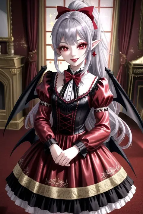 (half body, cowboy shot:1.2), professional image of a cute vampire girl, (frilly elegant satin vampire dress, vampire brooch, vampire earrings, vampire accessories), (1girl, dress),
(vampire wings:1.1), (hair, ponytail, hair above cheeks, grey hair with red hairtips, gradient hair, multicolored hair:1.2), (red eyes, happy smile, innocent, cheerful:1.2), (pointy ears:1.3), (glossy red lipstick, eyeshadow, red mascara, long eyelashes:1.3), (shiny glossy translucent clothing, gleaming oily satin fabric:1.1),
(intricate mansion background, bright mansion, bright red furniture, bright red carpet:1.2), (sparkles, sparkling clothes, sparkling eyes:1.3),
(absurdres, incredibly absurdres, huge filesize, High quality texture, physically-based rendering, Ray tracing, octane render, sharp focus, (8k), (4k), (Masterpiece), (Best Quality), extremely detailed, intricate, hyper detailed, high resolution, sharp detail)