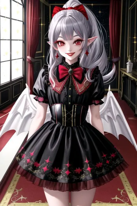 (half body, cowboy shot:1.2), professional image of a cute vampire girl, (1girl, dress, vampire brooch, vampire earrings, vampire accessories),
(vampire wings:1.1), (hair, ponytail, hair above cheeks, grey hair with red hairtips, gradient hair, multicolored hair:1.2), (red eyes, happy smile, innocent, cheerful:1.2), (pointy ears:1.3), (glossy red lipstick, eyeshadow, red mascara, long eyelashes:1.3), (shiny glossy translucent clothing, gleaming oily satin fabric:1.1),
(intricate mansion background, bright mansion, bright red furniture, bright red carpet:1.2), (sparkles, sparkling clothes, sparkling eyes:1.3),
(absurdres, incredibly absurdres, huge filesize, High quality texture, physically-based rendering, Ray tracing, octane render, sharp focus, (8k), (4k), (Masterpiece), (Best Quality), extremely detailed, intricate, hyper detailed, high resolution, sharp detail)