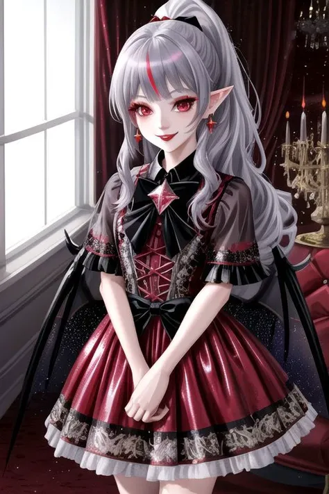 (half body, cowboy shot:1.2), professional image of a cute vampire girl, (1girl, dress, glossy latex dress, vampire brooch, vampire earrings, vampire accessories),
(vampire wings:1.1), (hair, ponytail, hair above cheeks, grey hair with red hairtips, gradient hair, multicolored hair:1.2), (red eyes, happy smile, innocent, cheerful:1.2), (pointy ears:1.3), (glossy red lipstick, eyeshadow, red mascara, long eyelashes:1.3), (shiny glossy translucent clothing, gleaming oily latex fabric:1.1),
(intricate mansion background, bright mansion, bright red furniture, bright red carpet:1.2), (sparkles, sparkling clothes, sparkling eyes:1.3),
(absurdres, incredibly absurdres, huge filesize, High quality texture, physically-based rendering, Ray tracing, octane render, sharp focus, (8k), (4k), (Masterpiece), (Best Quality), extremely detailed, intricate, hyper detailed, high resolution, sharp detail)