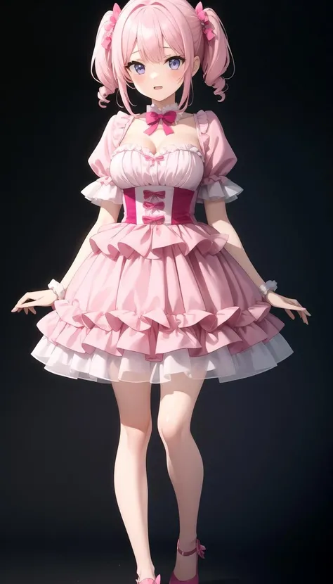 adult, 1girl, medium breasts, full body, pink dress, layered <lyco:dressLo:0.5>