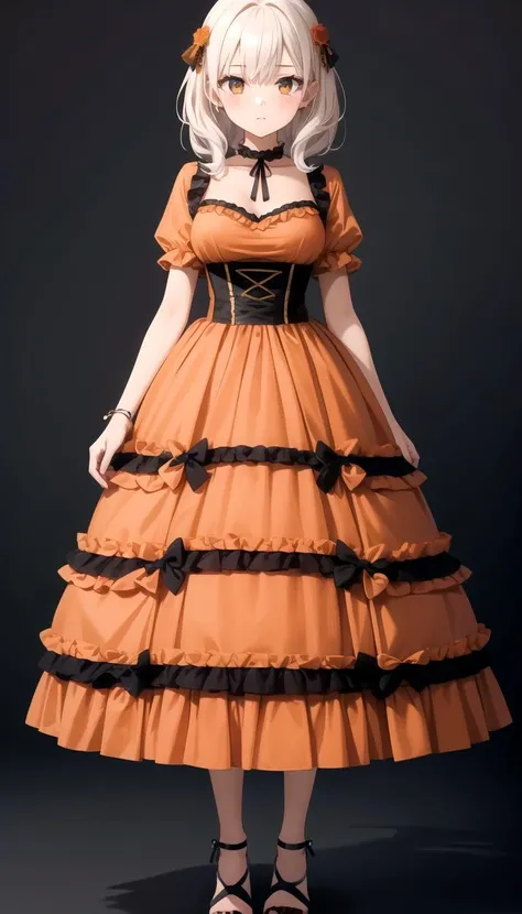 adult, 1girl, medium breasts, full body, orange dress, layered <lyco:dressLo:0.5>