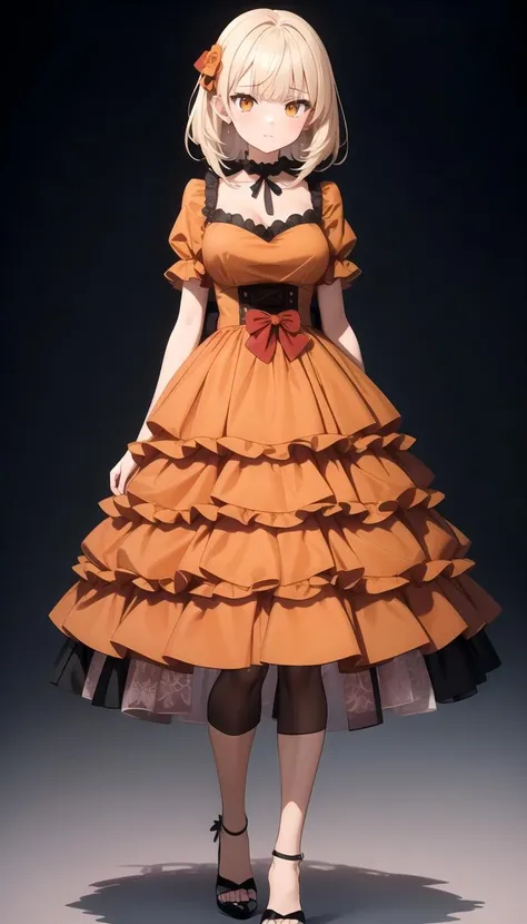 adult, 1girl,  medium breasts, full body, orange dress, layered    <lyco:dressLo:0.5>