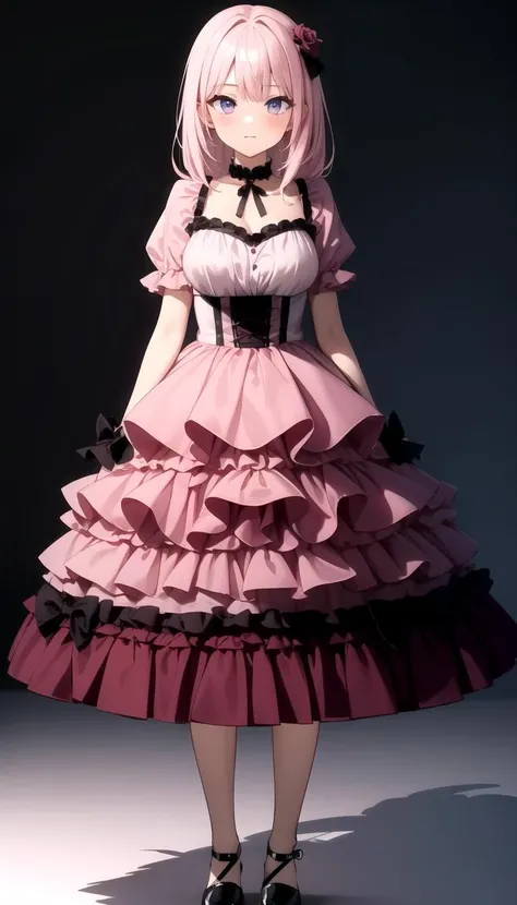 adult, 1girl, medium breasts, full body, pink dress, layered <lyco:dressLo:0.5>