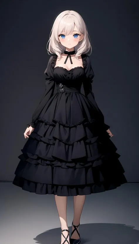 adult, 1girl, medium breasts, full body, black dress, layered <lyco:dressLo:0.5>
