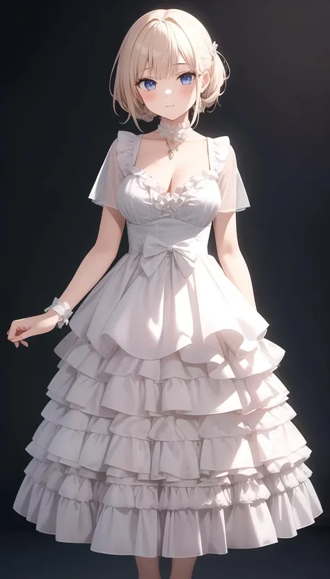 adult, 1girl, medium breasts, full body, white dress, layered <lyco:dressLo:0.5>