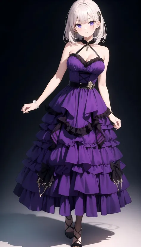 adult, 1girl, medium breasts, full body, purple dress, layered <lyco:dressLo:0.5>