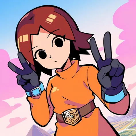 score_9, score_8_up, score_7_up, score_6_up, best quality, masterpiece, source_anime, detailed background, evening, pink background, clouds, \cel shading, \flat colors, \vector, BREAK 1girl, mii_gunner_(\smash_bros_4\), large head, amber hair, female, black eyes, dot eyes, orange dress, long sleeves, belt, gloves, looking at viewer, peace sign, portrait, dutch angle, <lora:PDXL_MiiGunner_S4:1>