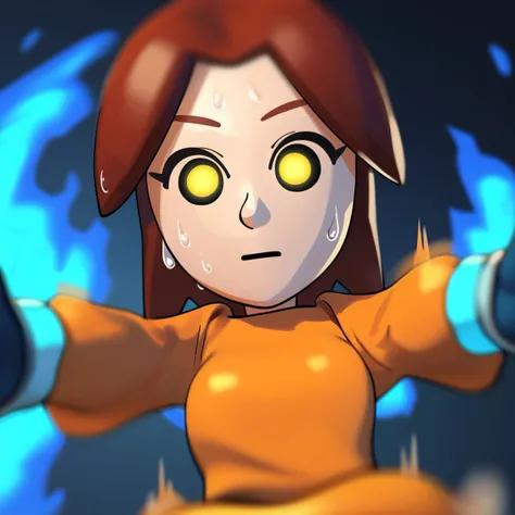 score_9, score_8_up, score_7_up, score_6_up, best quality, motion blur, motion lines, masterpiece, 3d, render, black background, blue fire, BREAK 1girl, mii_gunner_(\smash_bros_4\), large head, amber hair, female, glowing yellow eyes, dot eyes, orange dress, long sleeves, gloves, looking at viewer, portrait, outstretched arms, pov, sweat,<lora:PDXL_MiiGunner_S4:1>