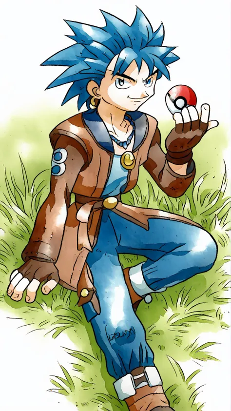 <lora:erik:0.8> erik, 1boy, jewelry, earrings, blue hair, necklace, gloves, fingerless gloves, blue eyes, pants, spiked hair, brown gloves, solo,  <lora:KenSugimoriPony:0.8> ken sugimori, watercolor \(medium\), poke ball, smirk, on grass,, score 9, score 8 up, score 7 up, score 6 up, score 5 up, score 4 up,