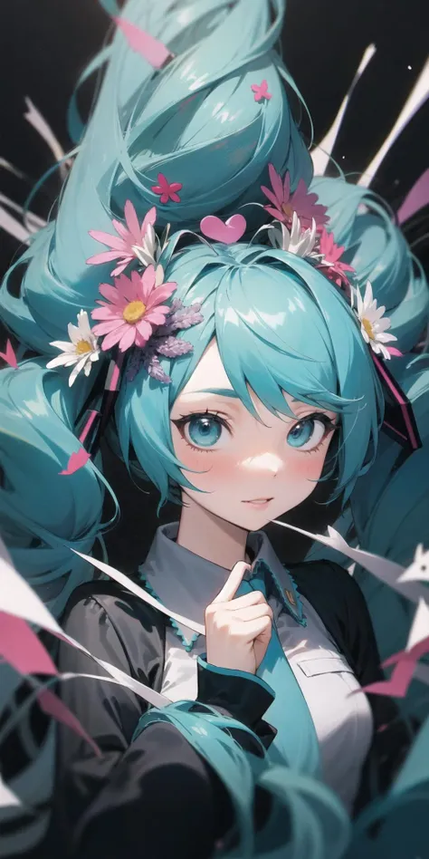 1girl, solo, long hair, hair ornament, hair flower, hatsune miku <lora:shouten_pegasus_mix_mori:1.4>
