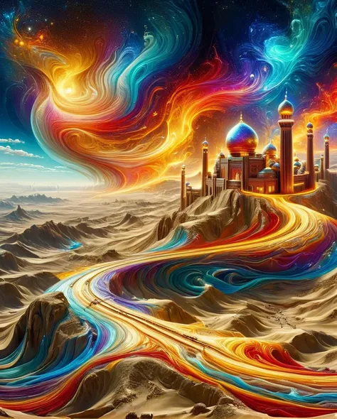 made of ais-brknlvlmp, "The creation of the Silk Road trade route", background, Clear skies, (sci-fi art stylized by Jack Gaughan:1.2) , Fantasy, Brocore, F/2.8, arthouse, Best quality, <lora:Broken_Lava_Lamp:1>