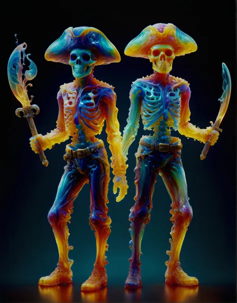 an ais-brknlvlmp two skeleton pirates,wearing hat and cutlass,forged from multicolored opalescent-glass,iridescent swirls,glossy,<lora:Broken_Lava_Lamp:1> by Dale Chihuly