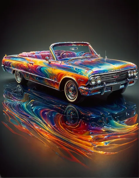 an ais-brknlvlmp 1964 cheverolet impala convertible, forged from multicolored opalescent-glass,iridescent swirls,glossy,<lora:Broken_Lava_Lamp:1> by Dale Chihuly