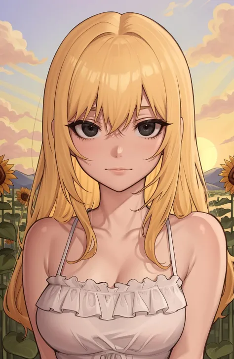 Asura Style, masterpiece, 1girl, ((portrait shot)), black eyes:1.5, nose, blonde hair, two-tone hair, eyeliner, closed mouth, looking at viewer, long hair, sun dress, background: field of sunflowers, sunrise, solo, upper body, <lora:Asura Style - V3:0.7>