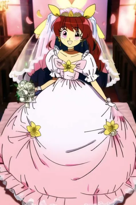 best quality, ultra-detailed, (1girl, solo, alone, <lora:hanasaki-momoko_wedding-dress-form-v1:1>, hanasakimomoko-wd, pink hair, puffy short sleeves,, smile, wedding hall) full body portrait