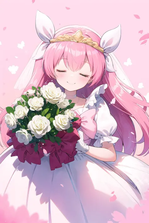 best quality, ultra-detailed, (1girl, solo, <lora:hanasaki-momoko_wedding-dress-form-v1:1>, hanasakimomoko-wd, pink hair, white wedding dress, puffy short sleeves, holding a bouquet, smile, close eyes), in forest