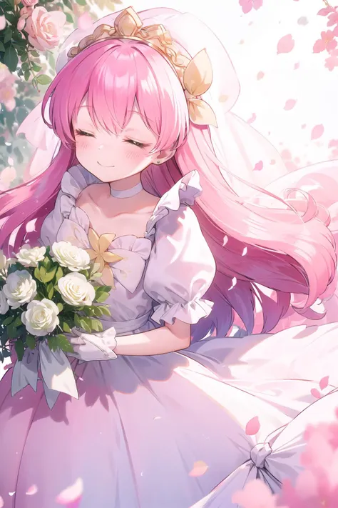 best quality, ultra-detailed, (1girl, solo, <lora:hanasaki-momoko_wedding-dress-form-v1:1>, hanasakimomoko-wd, pink hair, white wedding dress, puffy short sleeves, holding a bouquet, smile, close eyes), in forest