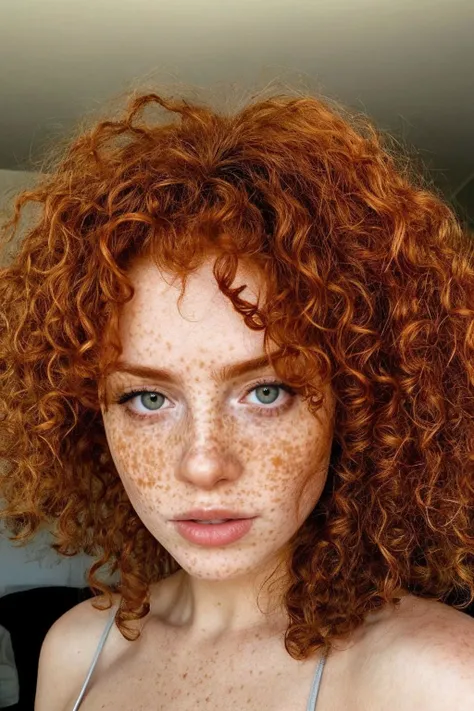 irish woman, 21yo, curlg1ng3r, 1girl, long hair, ginger hair, freckles, curly hair, bossy, sassy, (fierce expression), (wearing a micro top:0.6), (soft sun lighting:0.7) <lora:curlg1ng3r:0.65> <lora:Detail Slider V2 By Stable :0.4>