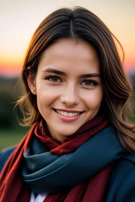 emotional photo of happy smiling african woman Joanna, proffesional photomodel,  in rugged ornamental clothes, (clean hands pose,:1.2)dark suntanned skin, (red scarf:1.1), native ethnic wooden necklace, blue coat,  face, perfect teeth, 8k uhd, high quality,  film grain, looking at viewer, portrait, (skin pores:1.2), (moles:0.8), (imperfect skin:1.1), intricate details, goosebumps, flawless face, ((photorealistic):1.1), (raw, 8k:1.2), hyper realistic, HDR, cinematic, dark, muted colors, atmosphere, ((macro lens)), after dusk, outdoors
 professional, simple
<lora:Detail Slider V2 By Stable :0.4>