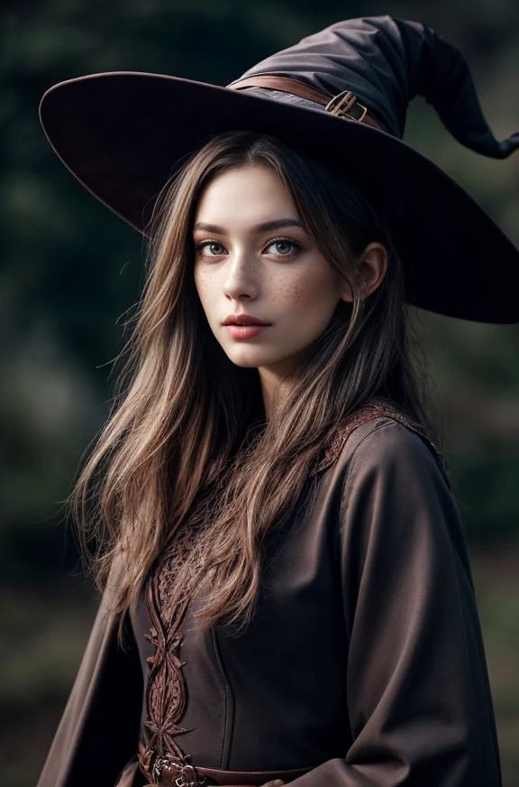 photorealistic, 35mm, intricate details, hdr, intricate details, hyperdetailed, natural skin texture, hyperrealism, sharp, 1 girl, adult (elven:0.7) woman, freckles, grey eyes, chestnut layered hair, portrait, looking down, solo, half shot, detailed background, witch hat, witch, magical atmosphere, hair flowing in the wind, red trimmed light colored clothes, whirlwind of swirling magic spell in the air, dark magic, (style-swirlmagic:0.8), floating particles,, <lora:Detail Slider V2 By Stable :0.4> <lora:NOISEOFFSET_V2_BY_STABLE_YOGI:0.8>