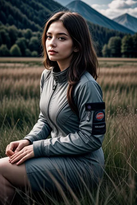 professional photo of a beautiful woman in grey space suit sitting in a tall grass, holding flowers, field, green colors, mountains in the background, warm colors, sunlight, contrast, film grain, photoshoot <lora:Detail Slider V2 By Stable :0.5> <lora:NOISEOFFSET_V2_BY_STABLE_YOGI:0.5>