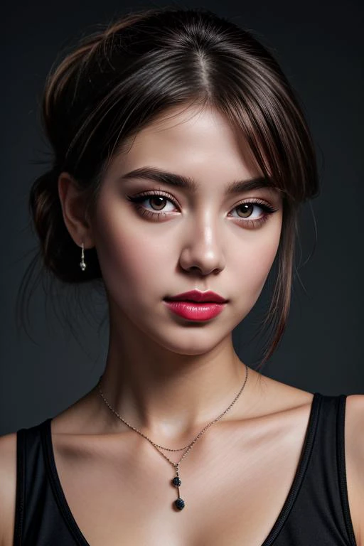 (masterpiece:1.21), (bestquality:1.21), 8k, high detailed, ultra-detailed, depth of field, wide angle, 1girl, beautiful face, Graceful Hands, Real Skin Texture, solo, looking at viewer, clean background trending, (portrait photo of a gray backdrop), black eyes, beautiful detailed eyes, random_color_lipstick, eyeliner, eyelashes, random_color_nail_polish, earrings, necklace, Medium brown Hair, low ponytail, Happy, cinematic lighting, <lora:Detail Slider V2 By Stable :0.5> <lora:NOISEOFFSET_V2_BY_STABLE_YOGI:0.5>